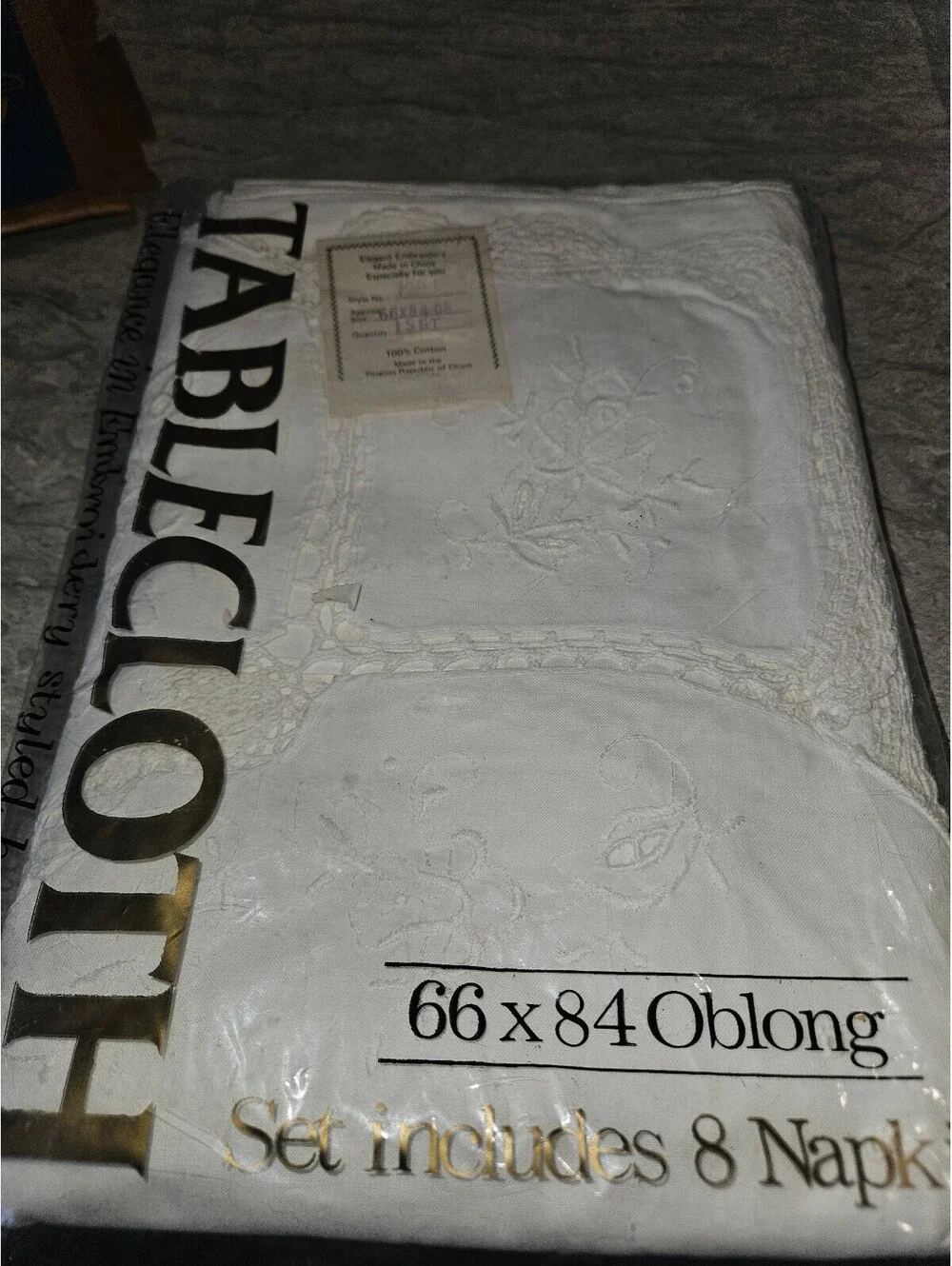 Vintage Handcrochet Embroidered White Cotton Tablecloth Set with 8 Napkins